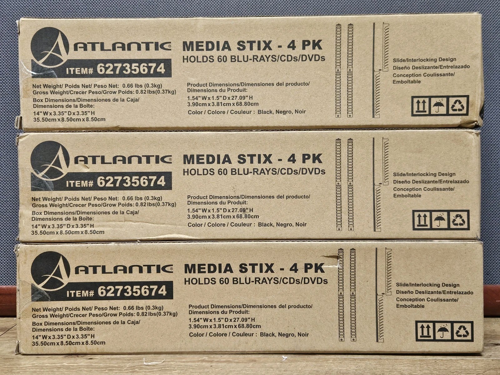 Lot of 3 Atlantic Media Stix for DVDs, CDs Storage Wall Mount 4 Pack Sealed New