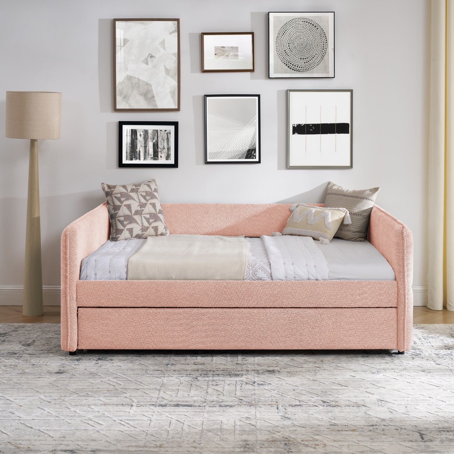 Full Daybed with Pull-Out Trundle Boucle Upholstered Sofa Bed Pink/Yellow/Blue