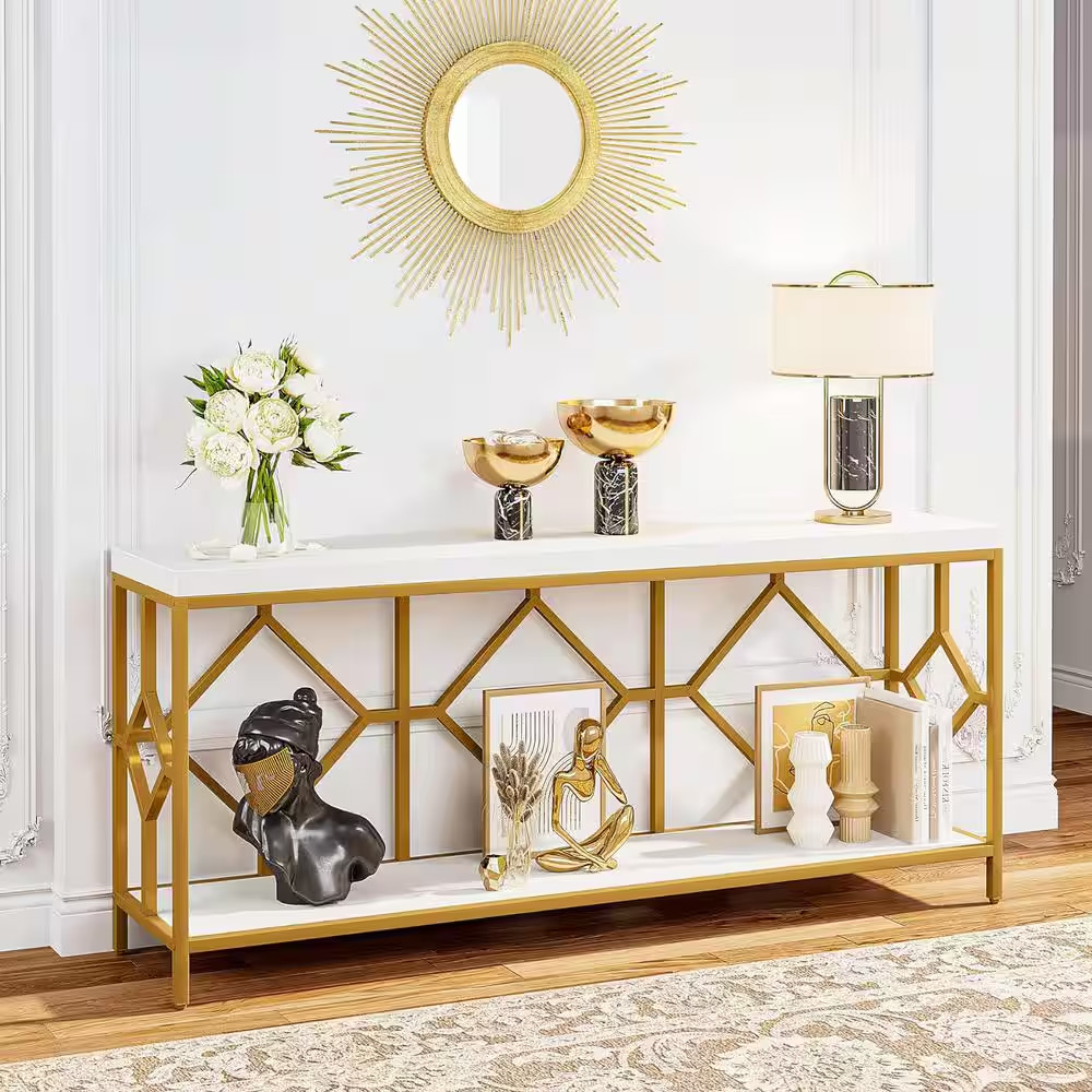 Turrella 70.9 In. Whiteandgold Extra Long Rectangle Wood Console Table behind Co
