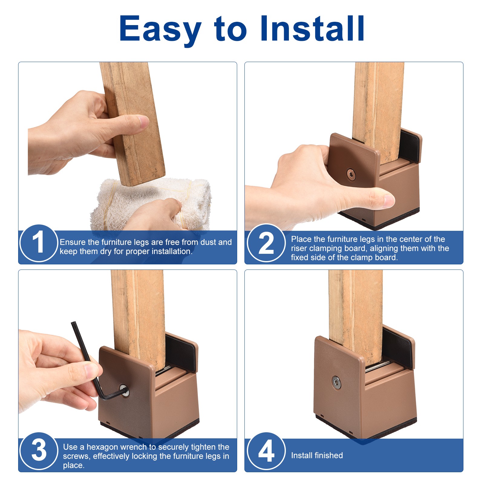 4Pcs 4″ Bed Risers w/ Adjustable Screw Clamp Supports 5000 Pounds Brown