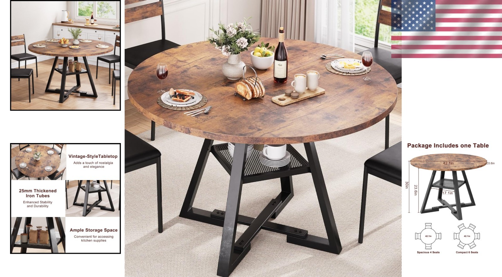 Round Dining Table for 4 6 Space Saving Rustic Wood Kitchen Modern Furniture