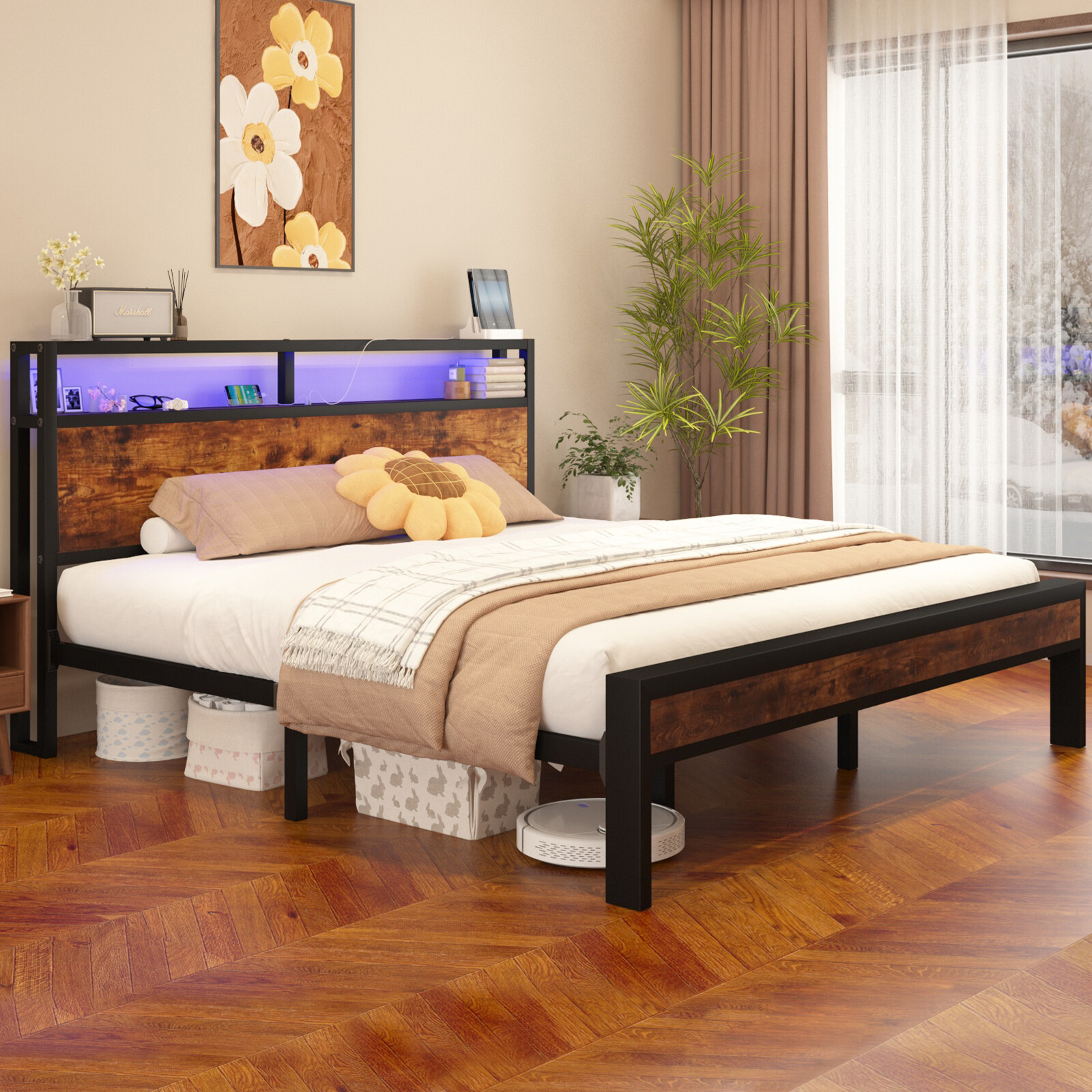 Full Queen King Bed Frame with LED Lights Storage Headboard and Charging Station