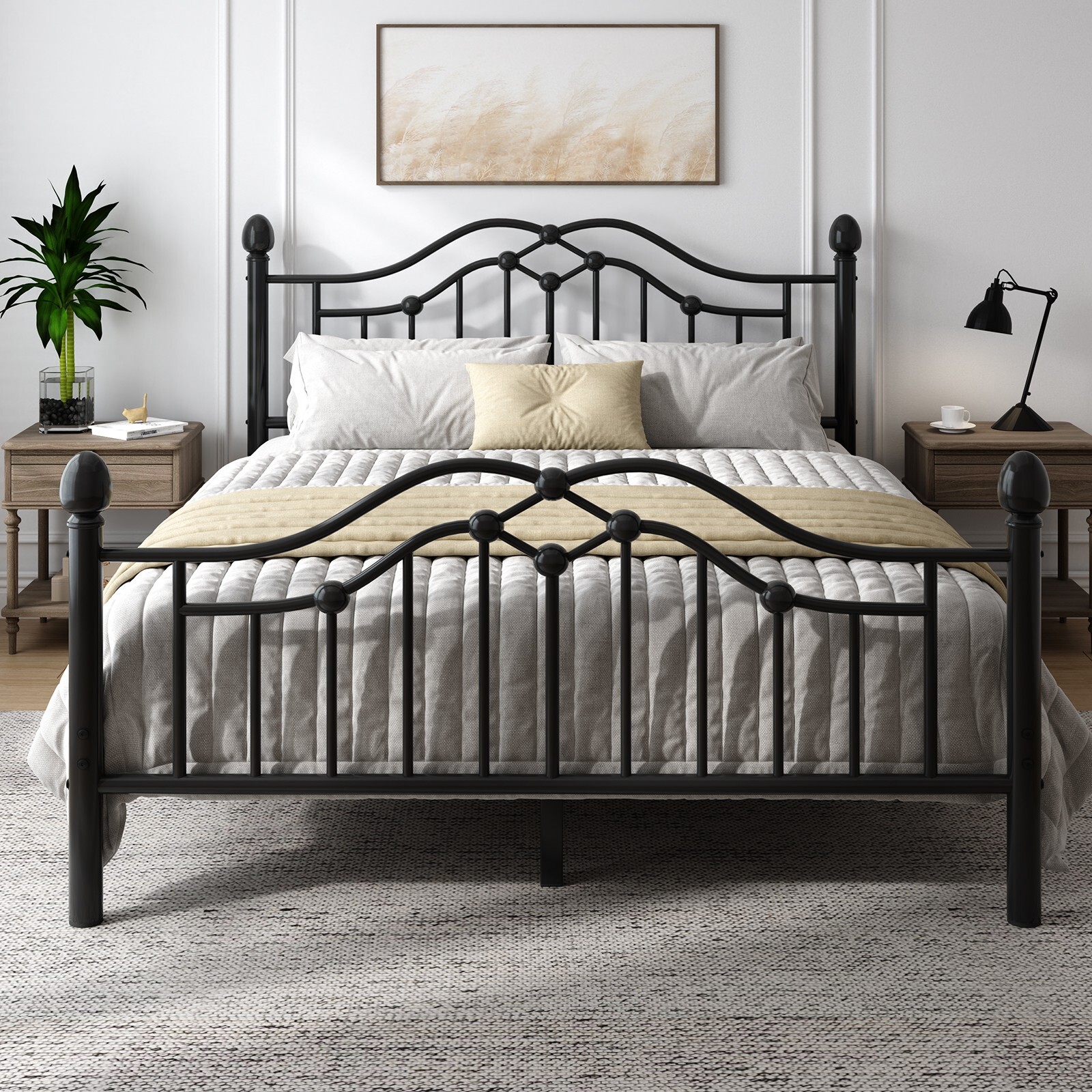 Full Metal Platform Bed Frame with Victorian Headboard and Footboard