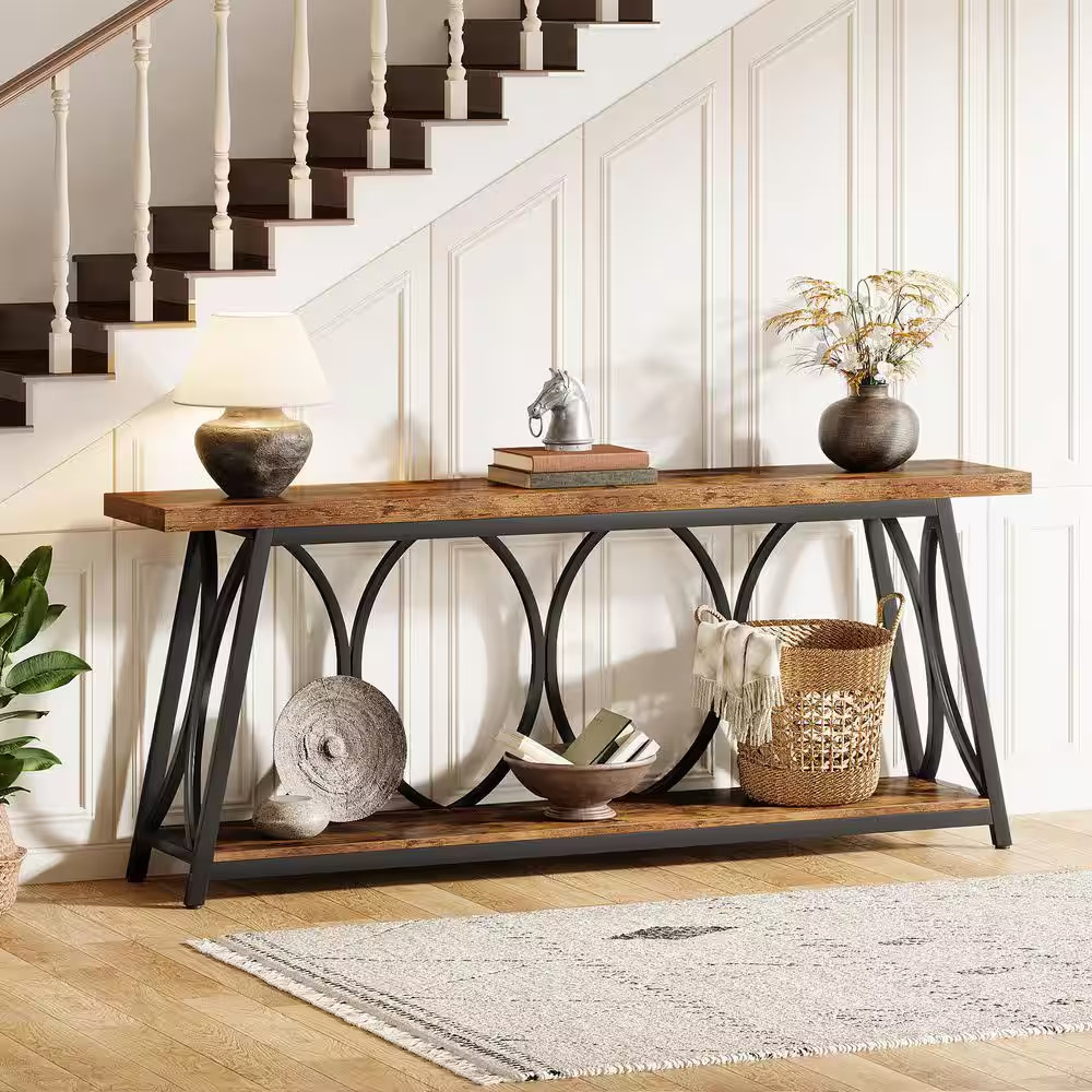 70.87 In. Brown Rectangle Wood Console Table with Metal Base and Shelf