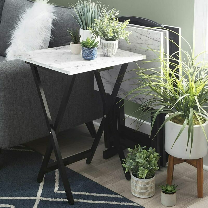 Serving Tray Table Set Bistro Coffee End Tables Stand Living Room Foldable White