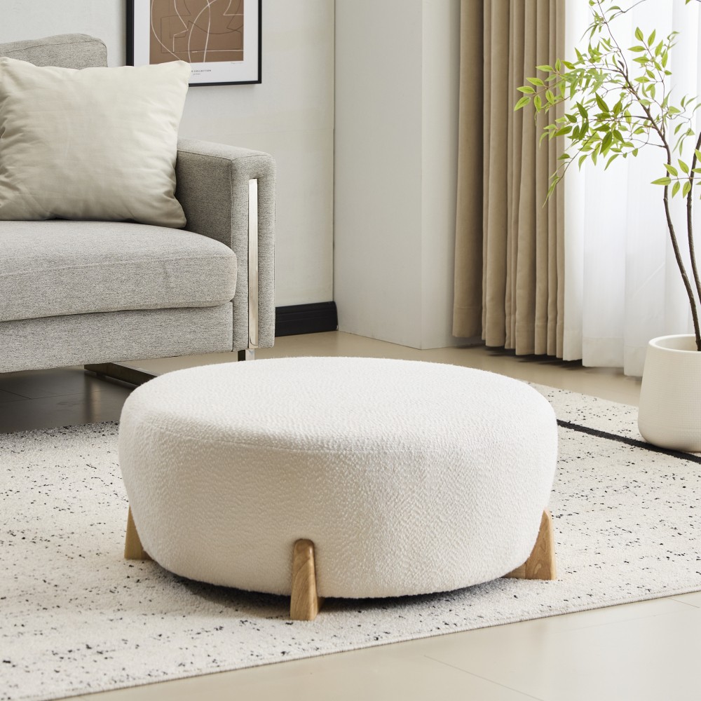 Round Footstool Bouclé Fabric Top With Flared Rubberwood Legs
