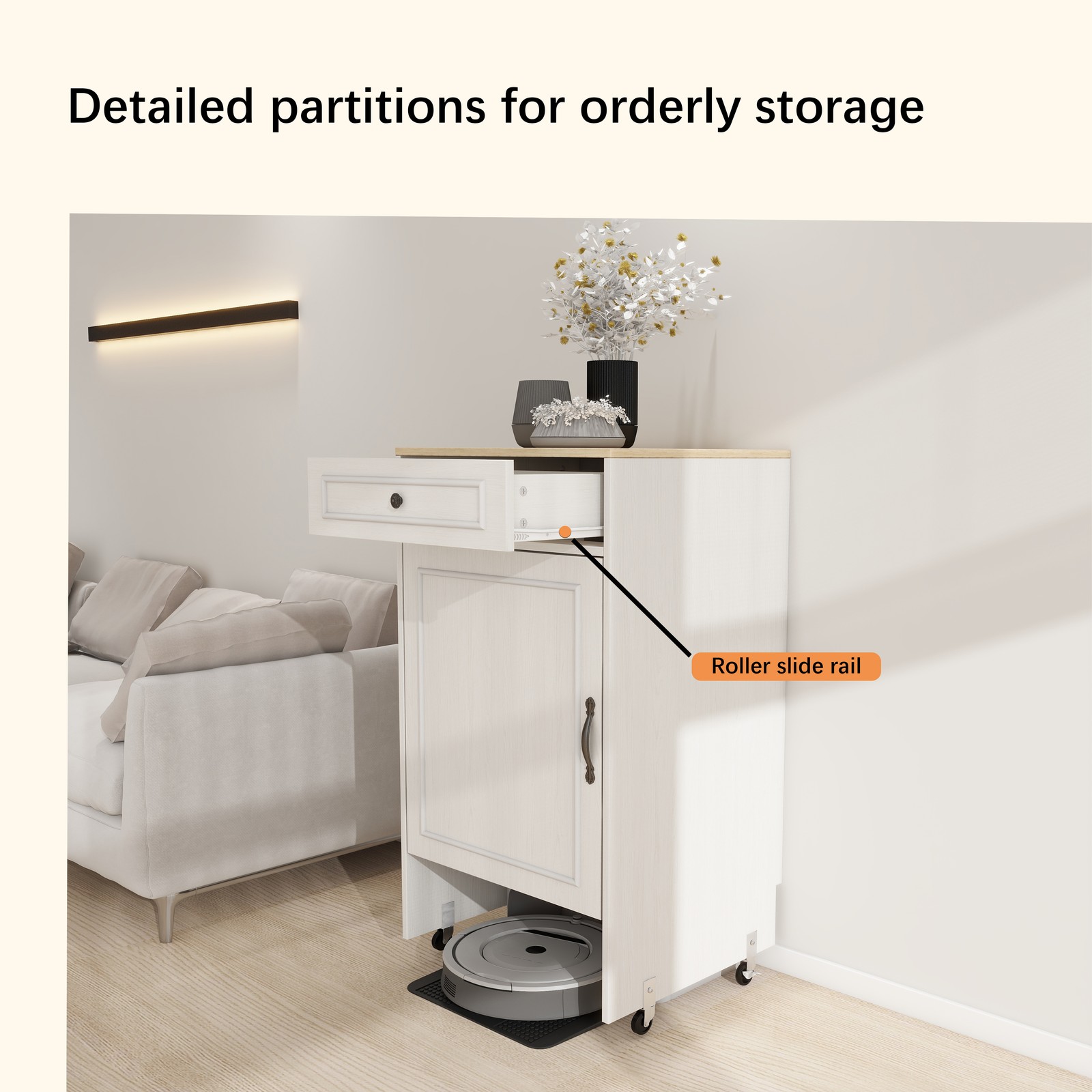 Robot Vacuum Stand with Wheels, Storage Cabinet with Doors & Drawers