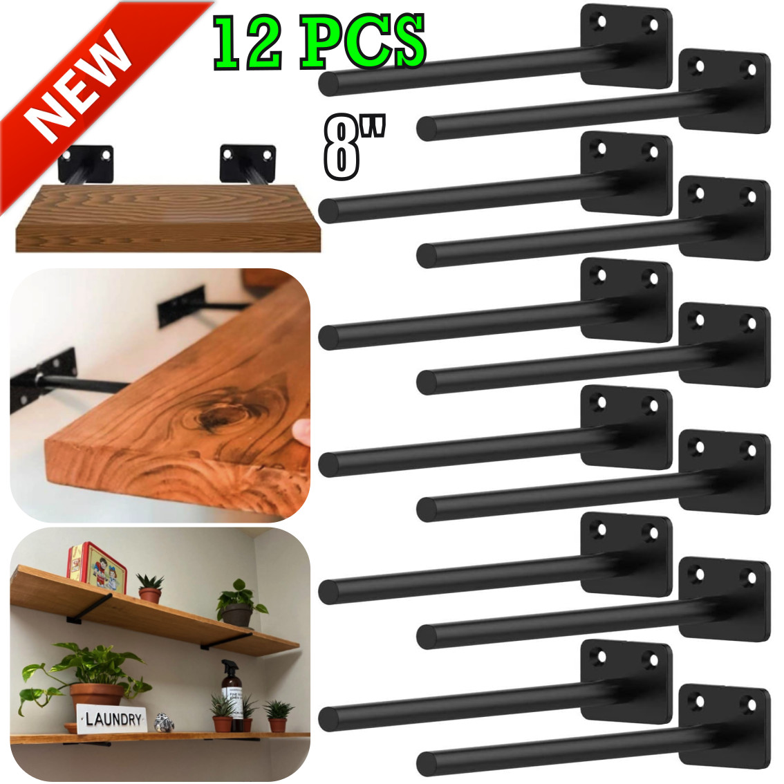12 PCS 8″ Hidden Shelf Floating Wall Brackets Heavy Duty Metal For Wood Shelves