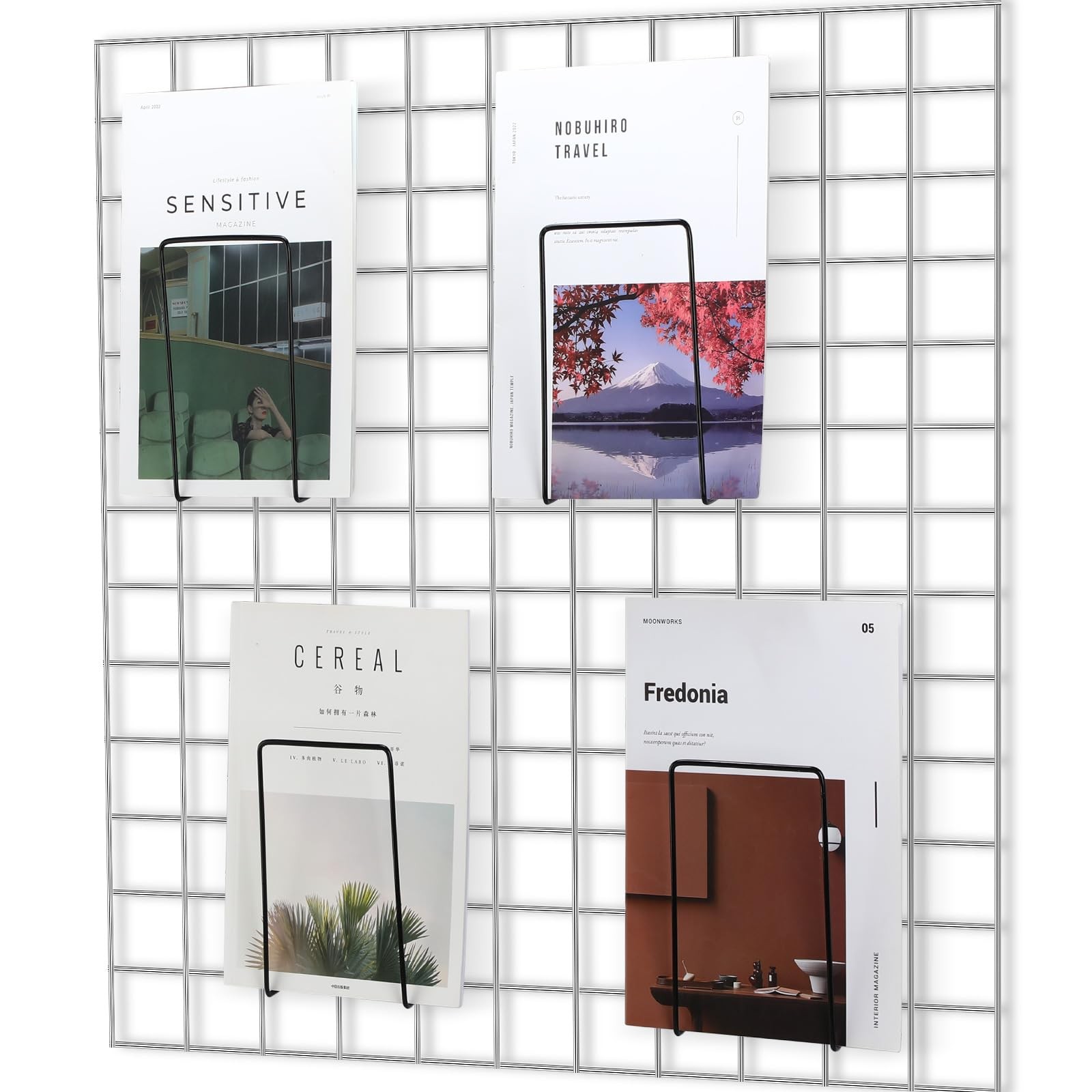 4 Pack Black Wall Grid Panel Magazine Holder, Gridwall Shelf, Book File Display