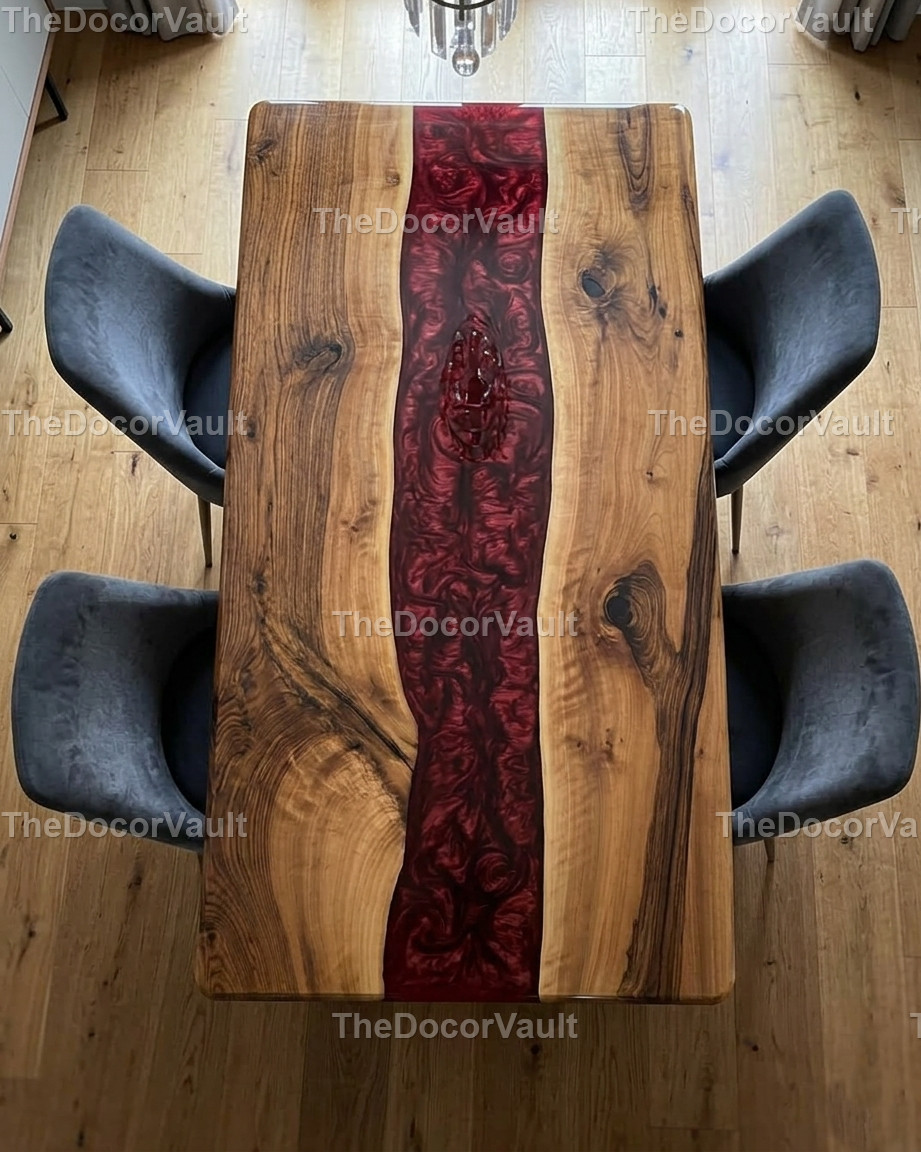 Luxury Walnut Dining Table top Red Epoxy Resin River Live Edge Wood table Top ..