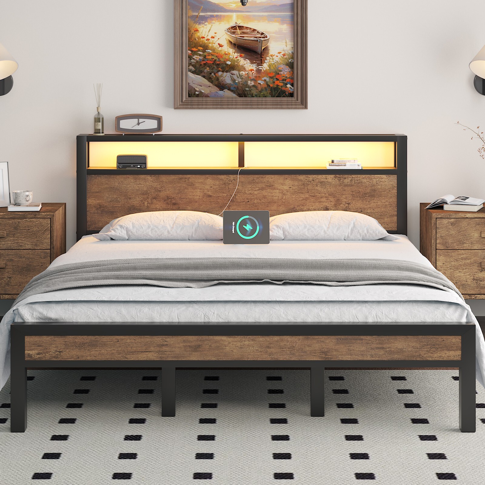 Bed Frame Full/Queen/King with Storage Headboard and LED Lights