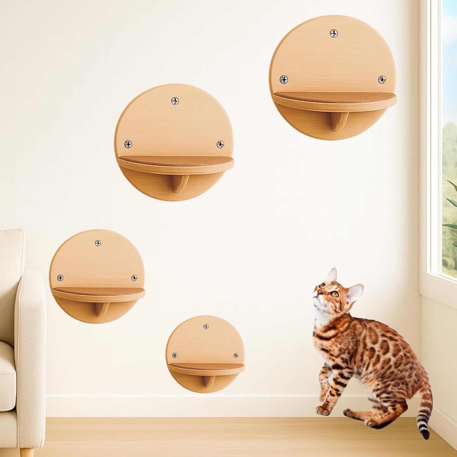 Cat Wall Shelves Set – Round Floating Steps with Scratch Pads – Natural Wood