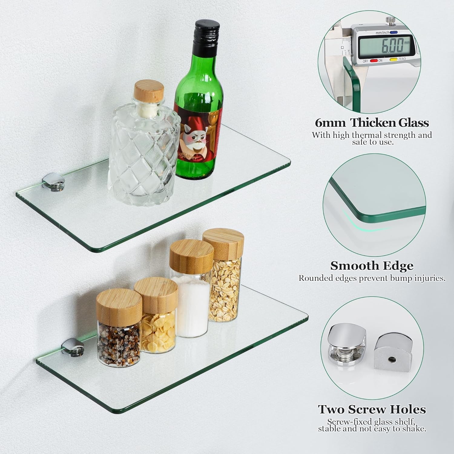 Set of 2 Glass Floating Shelves, 12 Inch Tempered Glass Wall Shelves Clear