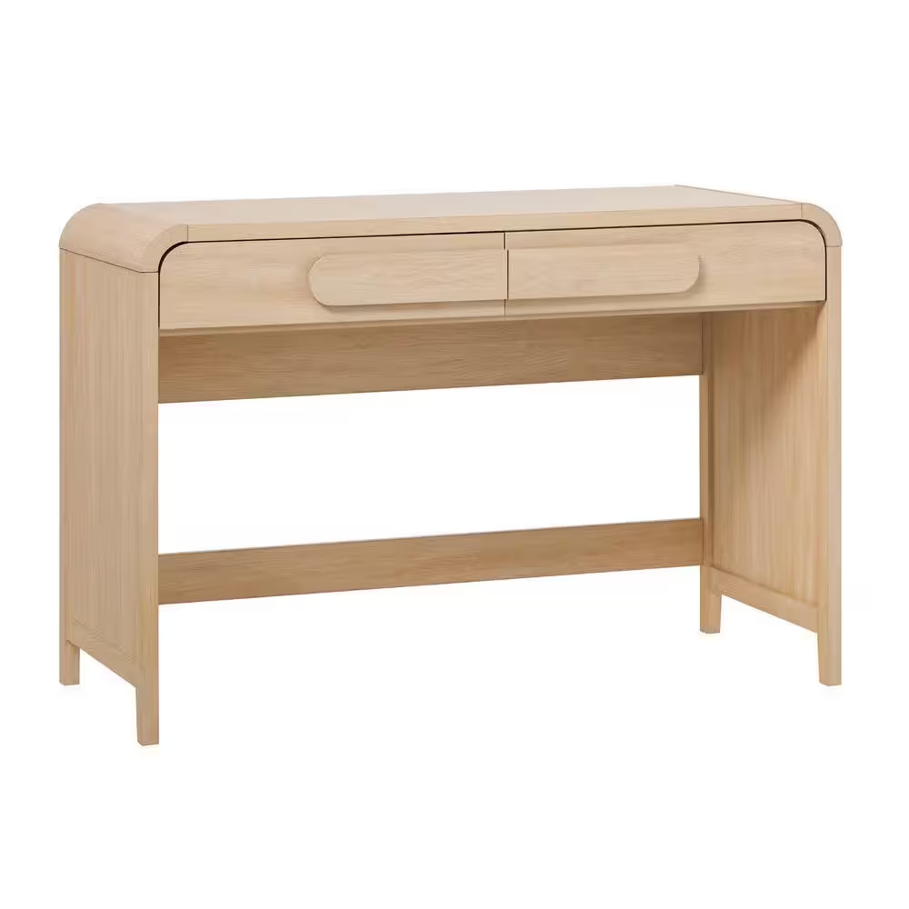 Modern 45 In. Rectangular Coastal Oak Wood 2-Drawer Waterfall Desk with Curved S