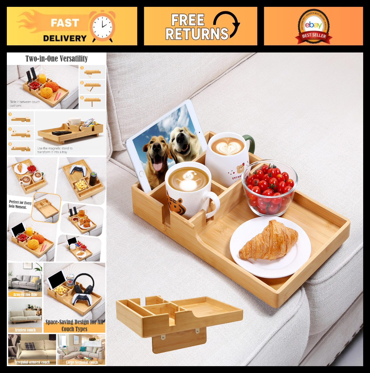 2-in-1 Bamboo Couch Tray Organizer with Cup Holders – Fits Sofa Gaps & Ottomans,