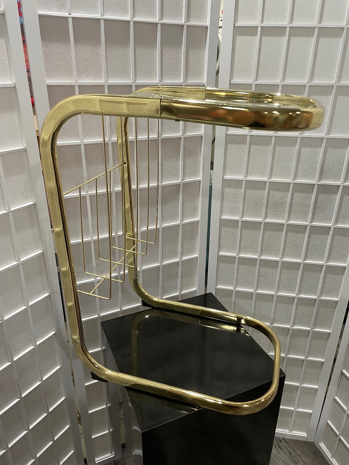Mid-Century Modern Brass and Glass Side Table with Magazine Rack