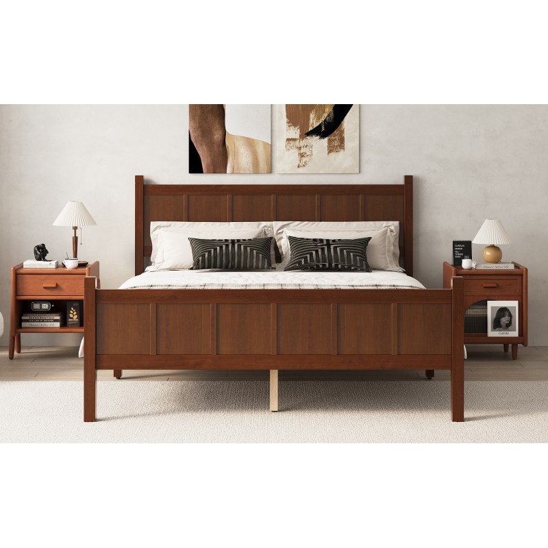 Queen Size Flat Panel Bed w/Headboard Farmhouse Platform Bed Frame Dark Walnut