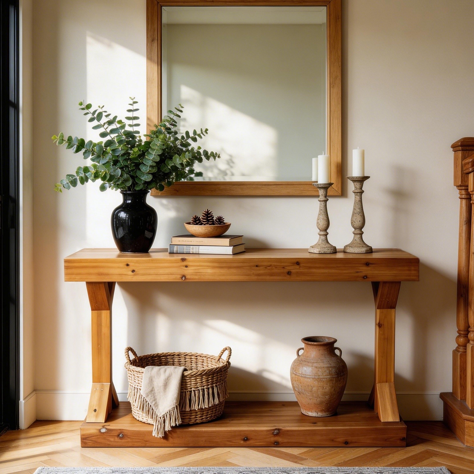 Long Solid Wood Console Table Rustic Farmhouse Entryway Sofa Table with Shelf