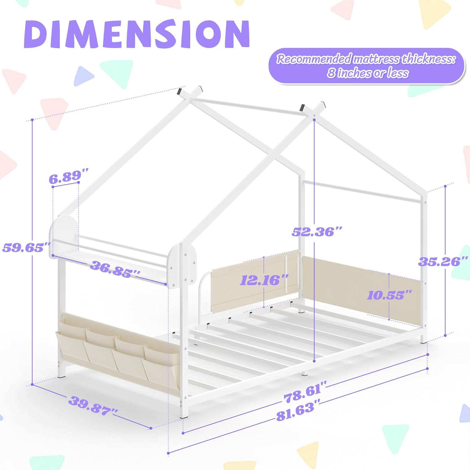 Twin Size House Bed with Storage Rack and Caddy Montessori House Shape Bed Metal