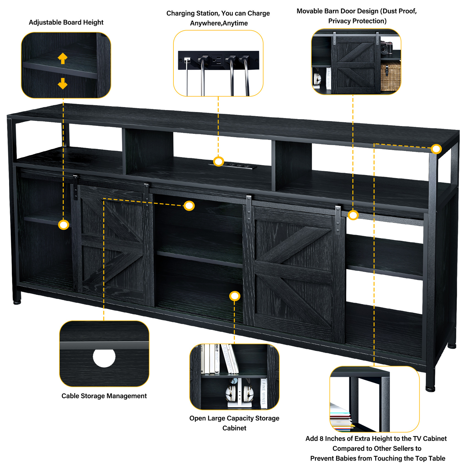 TV Stand Wood with RGB LED & Power Ports 70″ TV Cabinet Entertainment Center