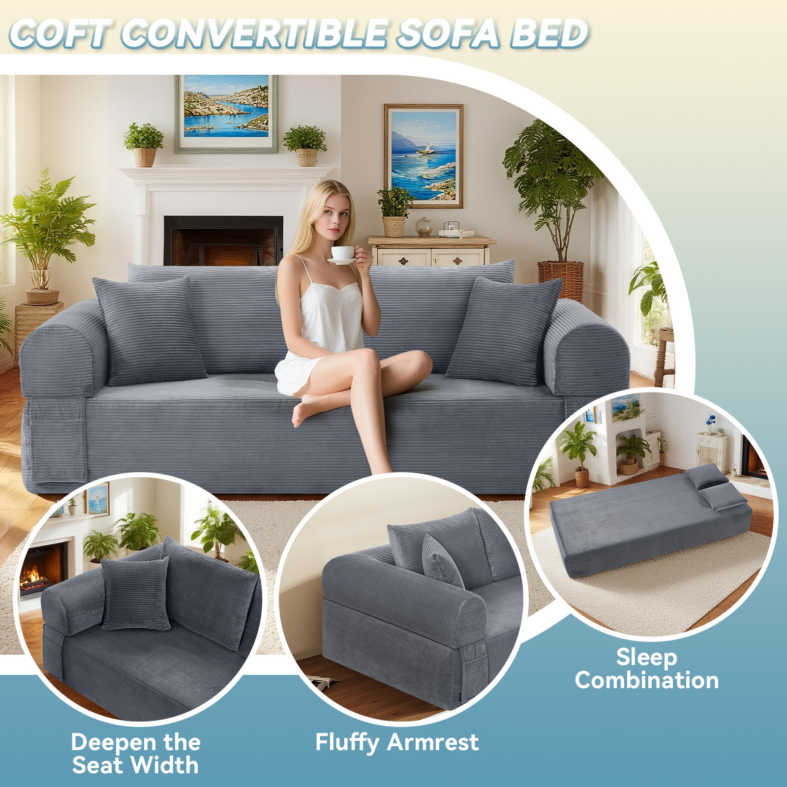 Compression Floor Sofa-Convertible Sofa Bed,Corduroy Boneless Couch with Storage