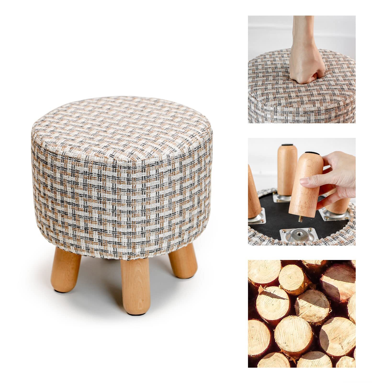 Tricolor Stripe Linen Fabric Round Padded Ottoman Foot Rest Stool with Wood Legs