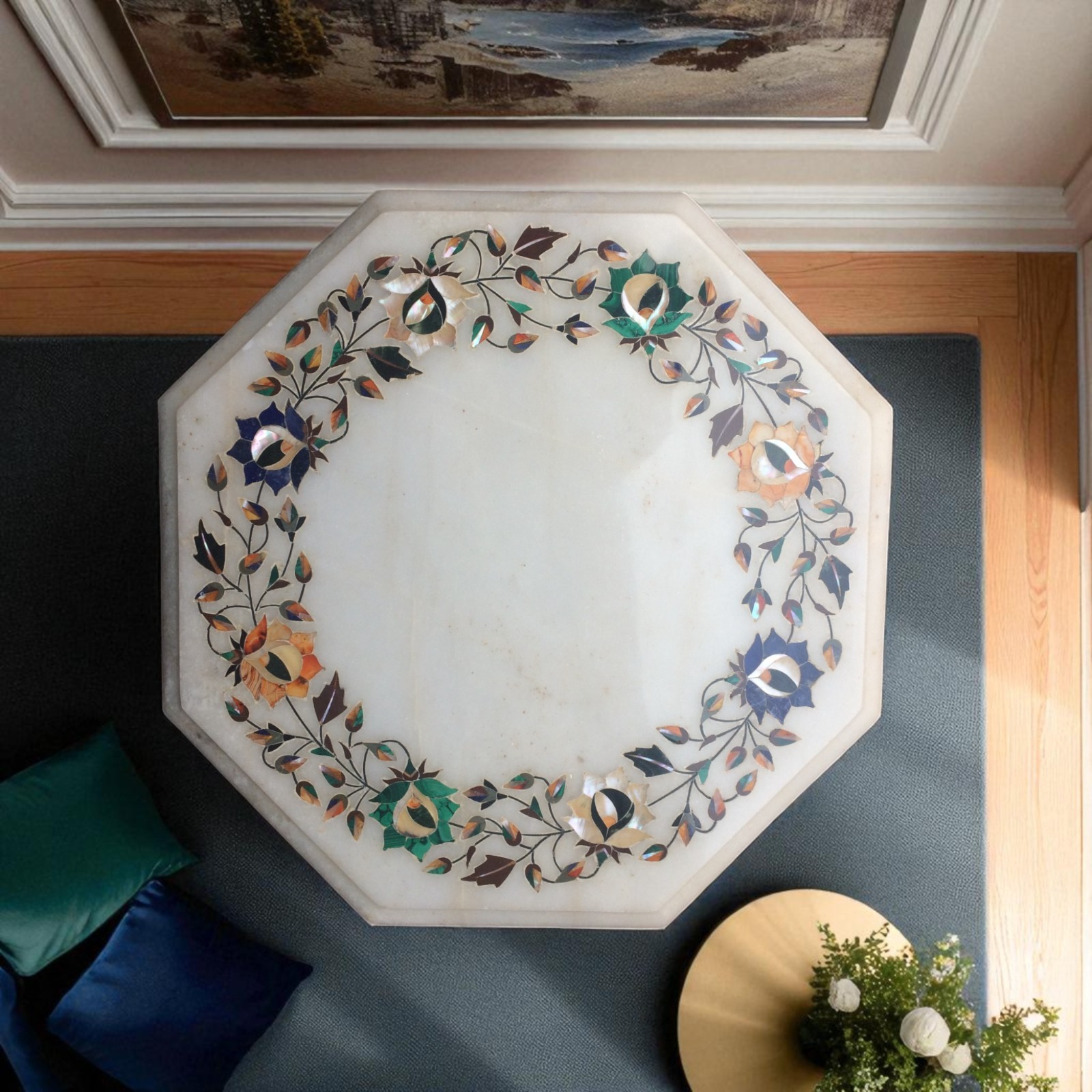 15″ Octagon White Marble Center coffee Table Top Semi Precious Multi Inlay Arts