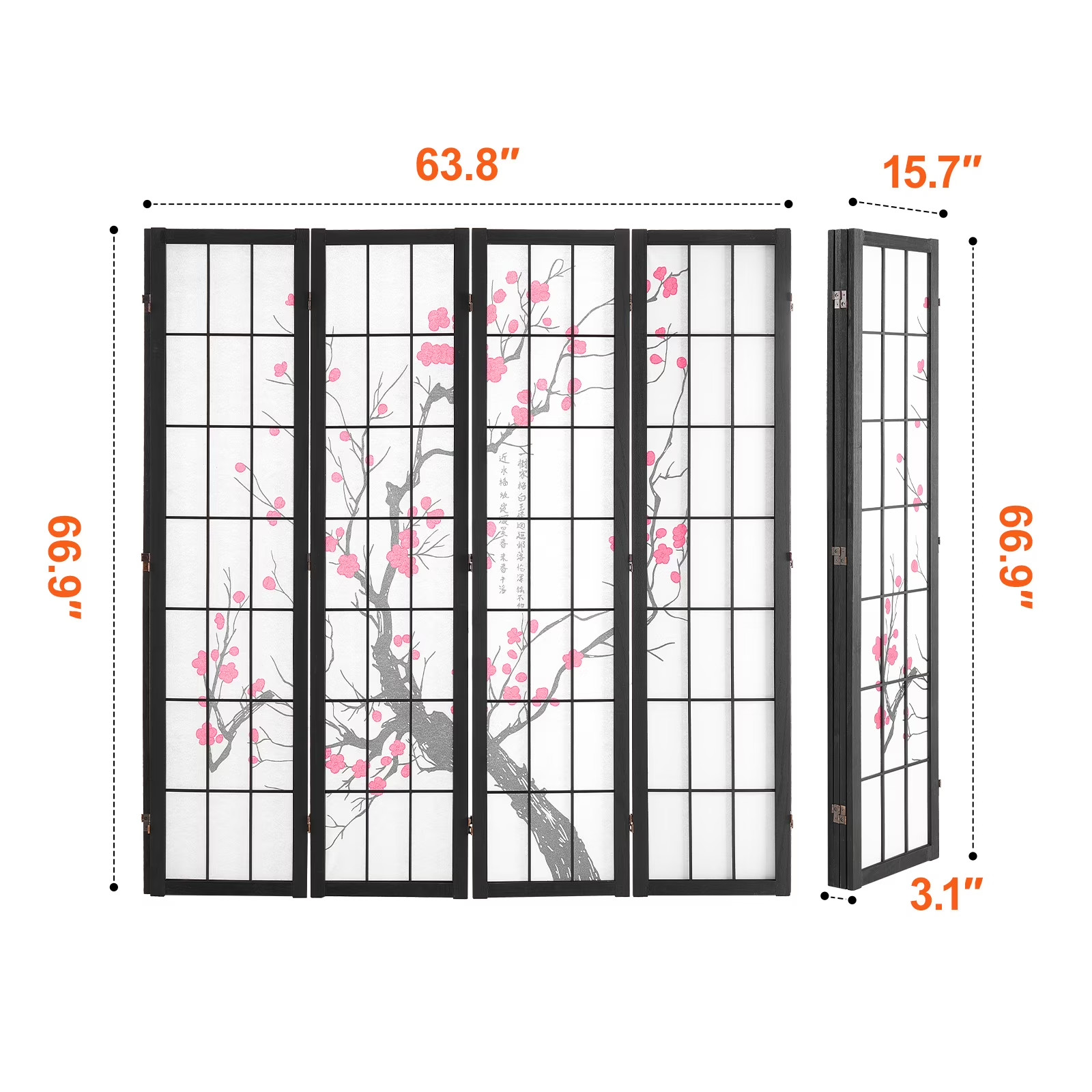 4-Panel Japanese Room Divider Screen, Wooden Folding Privacy Screen for Indoor U