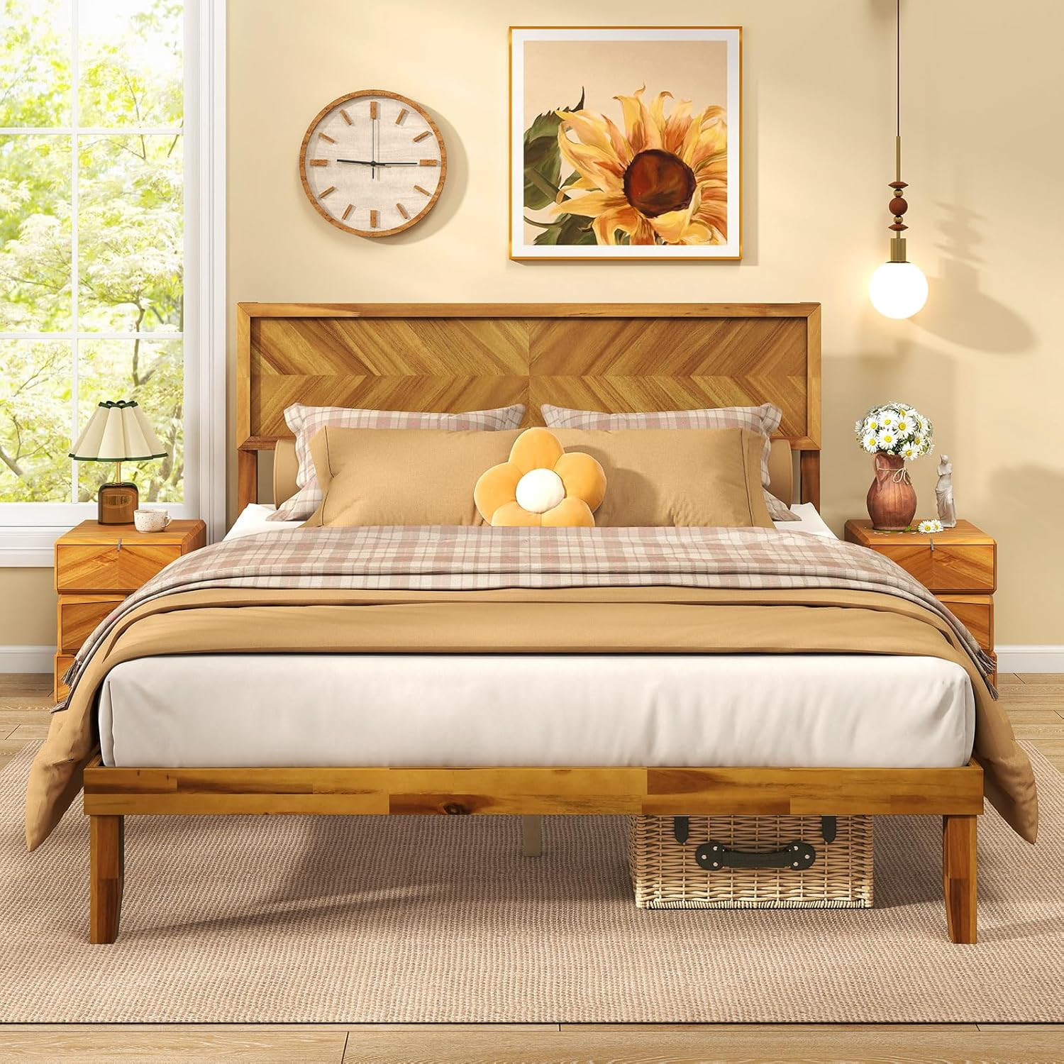 Rustic Acacia Queen Bed Frame with Headboard & 12 Slats – No Box Spring Needed