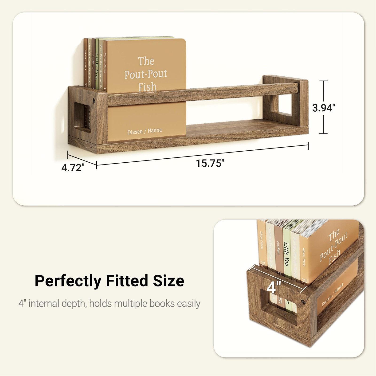 Thick Floating Shelves Solid Wood Bookshelf Wall Rack Dark Walnut Brown Decor
