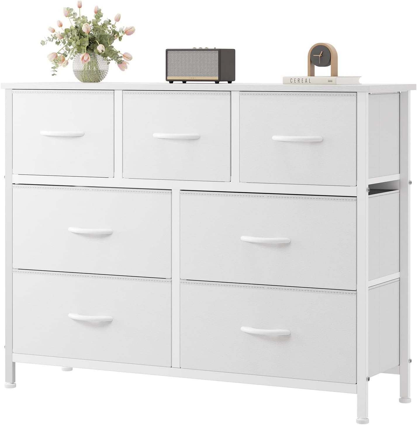 7 Drawer Fabric Dresser, Storage Tower for Bedroom and Closet | White Easy-Pull