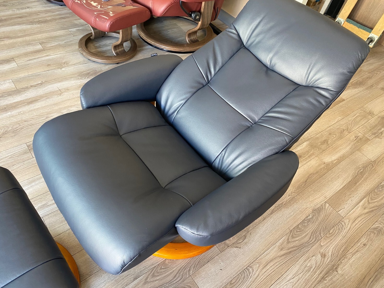 Fjords Muldal Large Recliner Chair + Ottoman – Blue Leather – Walnut Wood Stain