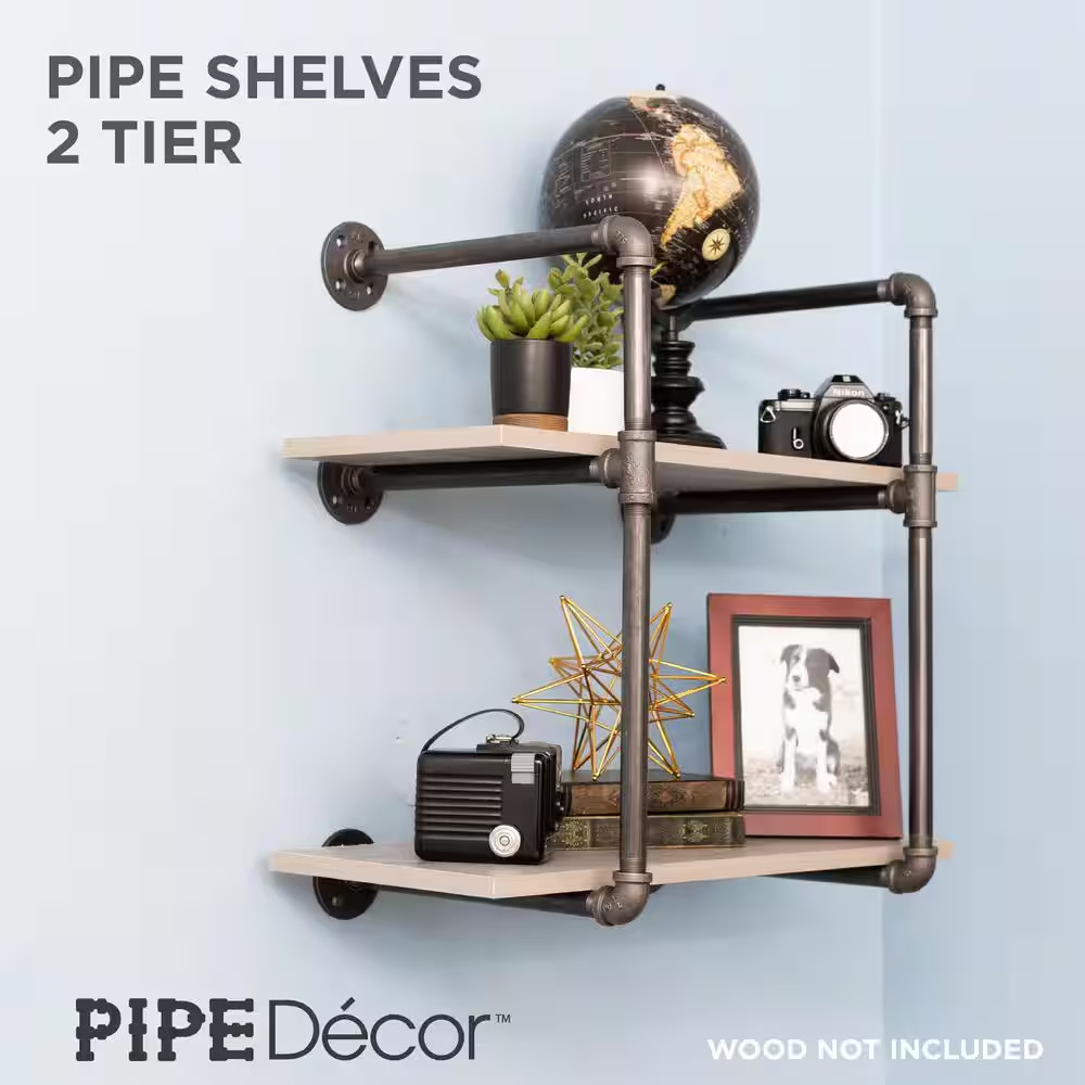 1/2 In. X 11.75 In. D X 22 In. H Black Steel Pipe Wall Mounted 2-Tier Shelf Kit