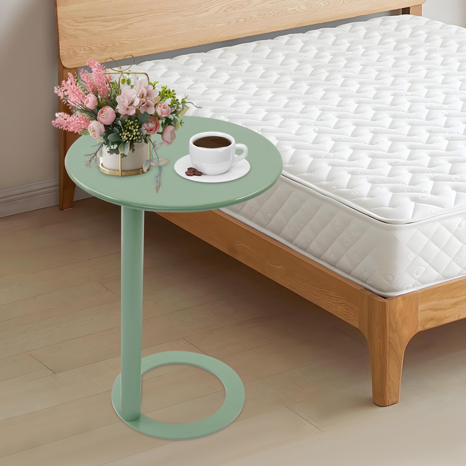 Round C-Shaped Side Table Stable O-Base Heavy Duty for Indoor Small Spaces