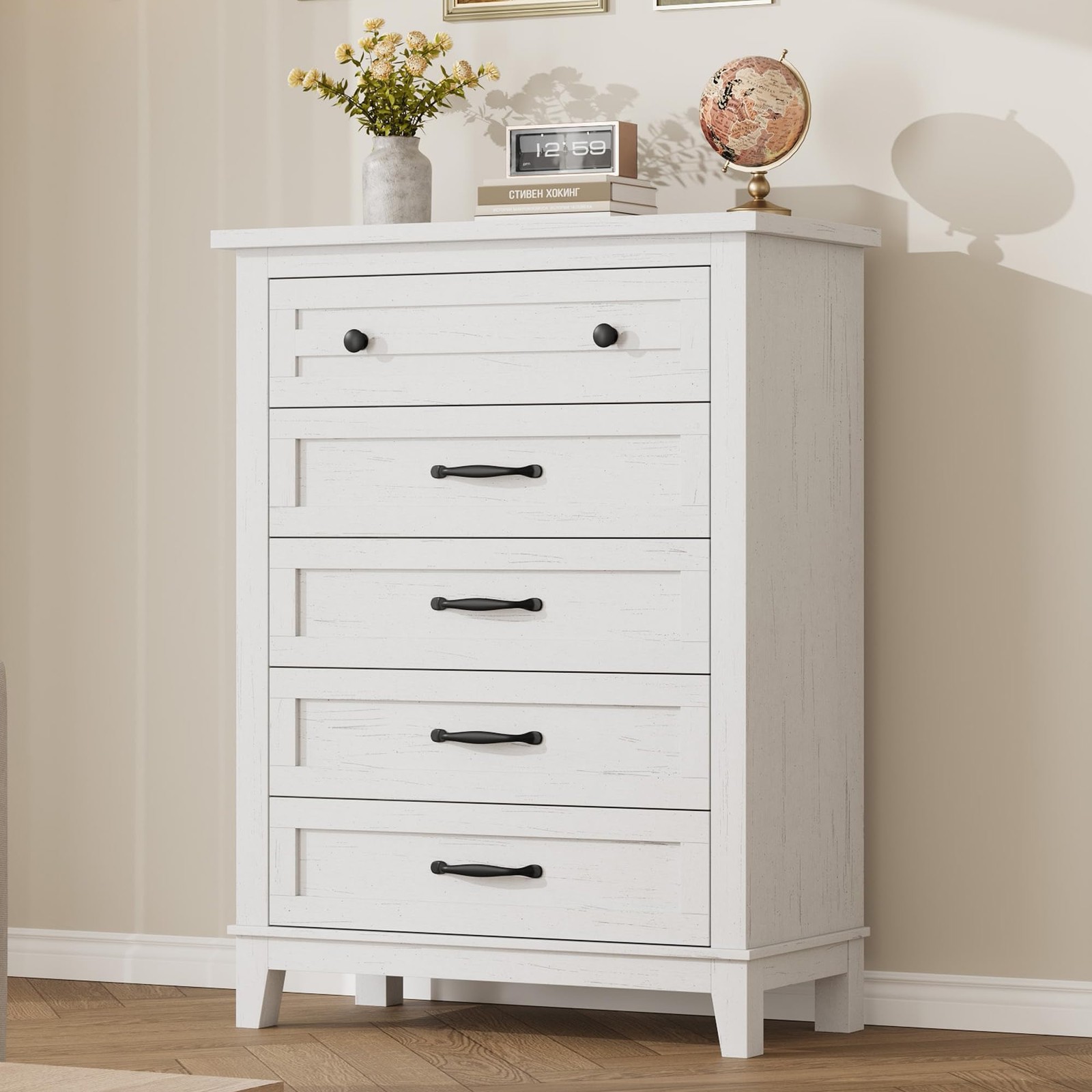 5 Drawer Dresser, White Wooden Dresser, Vertical Bedroom Dresser For Living Room