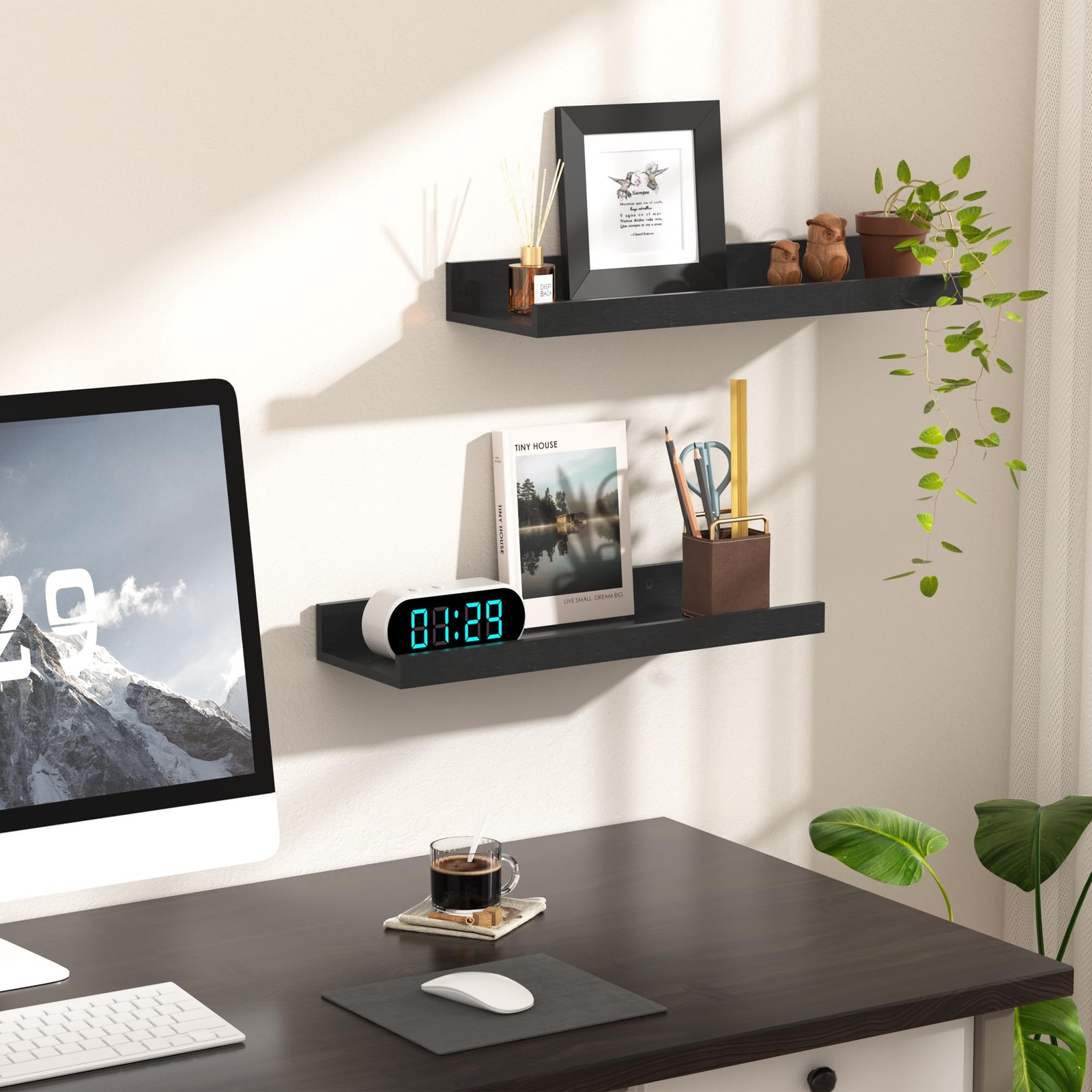 Wall Mounted Wood Floating Shelves Set of 6, Space Saving Display Rack