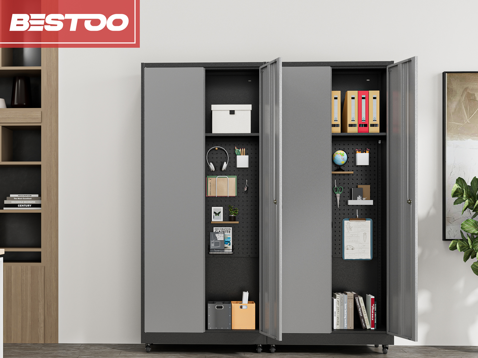 Metal Garage Cabinet, Broom Closet Storage Cabinet with Adjustable Shelves