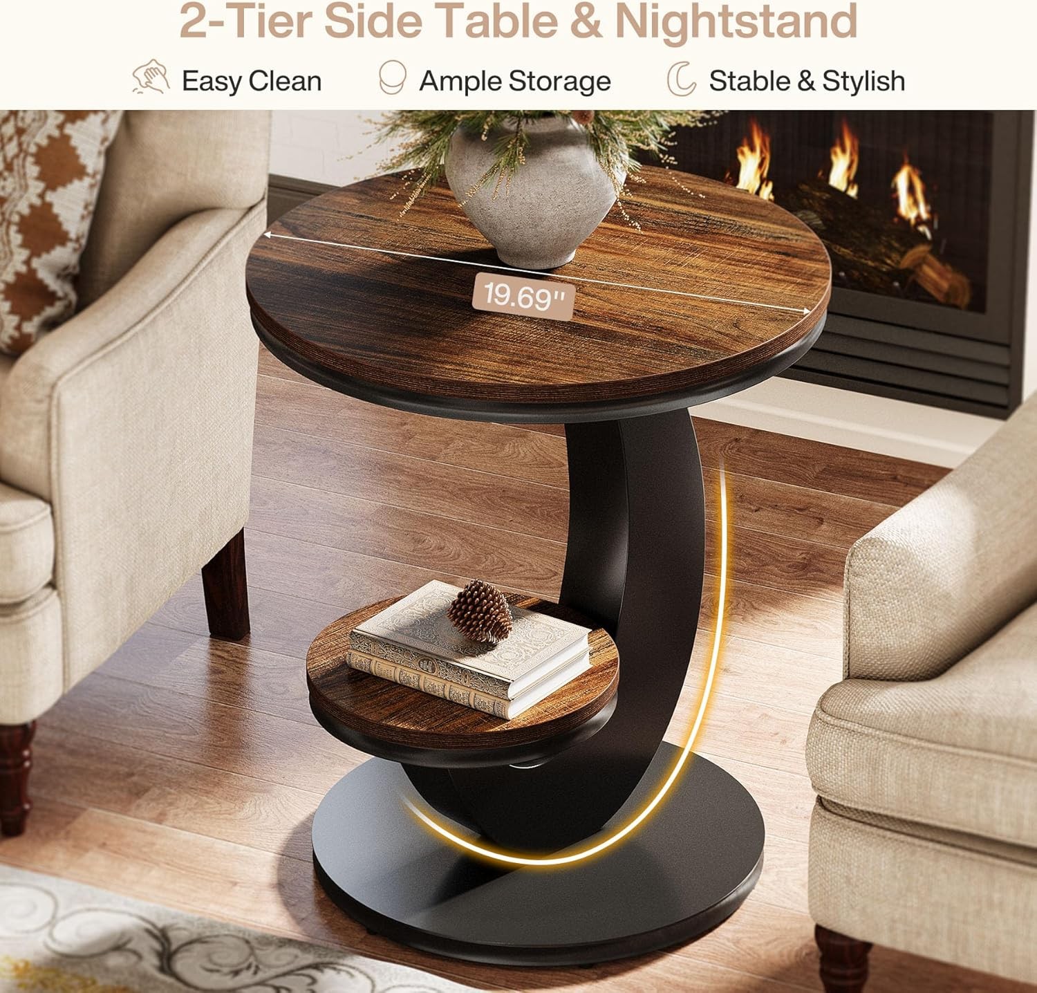 Round End Table, 2 Tiers Side Table with Storage Shelf, Sofa Side Bedside