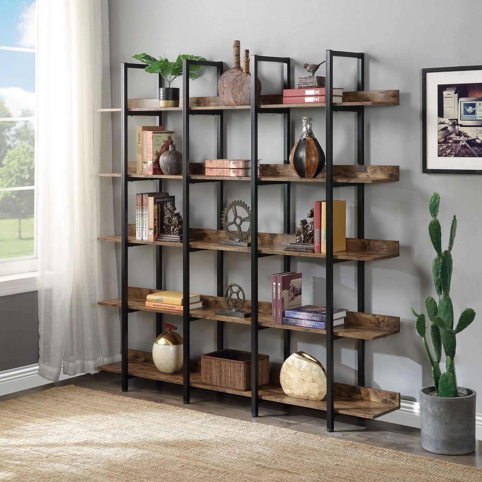 5 Tier Industrial Bookcase Home Office Open Bookshelf Open Shelves Metal Frame