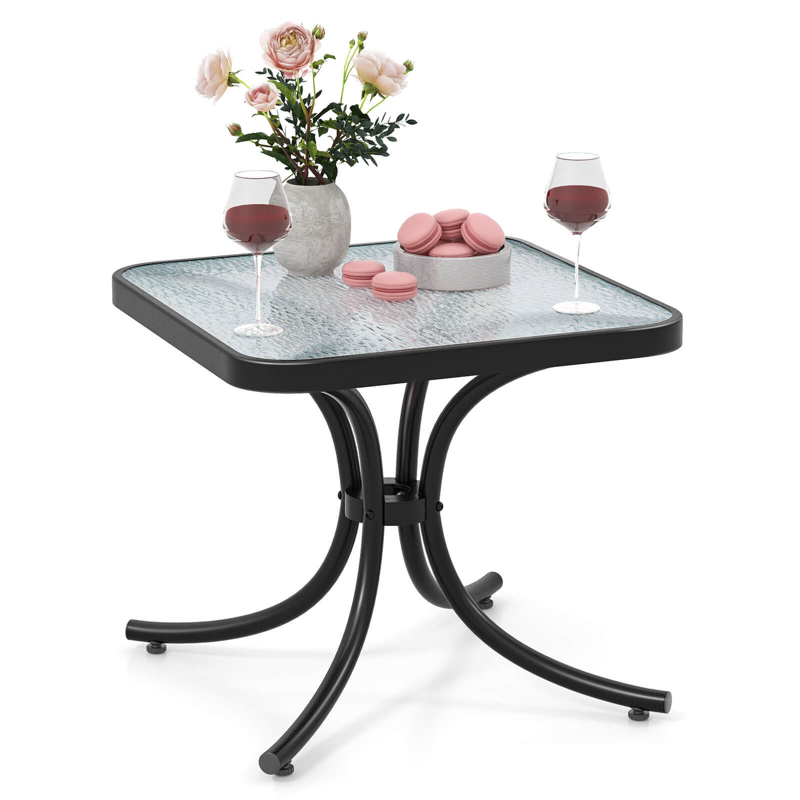 20″ Outdoor Side Table w/ Tempered Glass Top Metal Frame Patio Square End Table