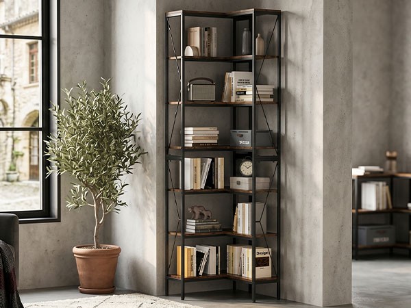 Transform Empty Corners! 7-Tier L-Shaped Bookshelf Industrial Rack For