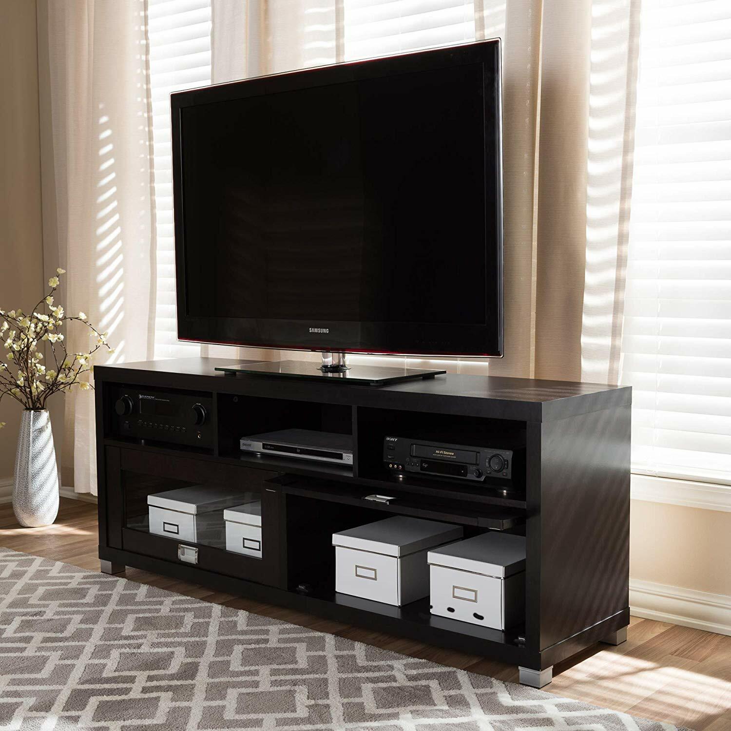 Espresso Brown Wooden Glass TV Stand Entertainment Center Media Storage Cabinet