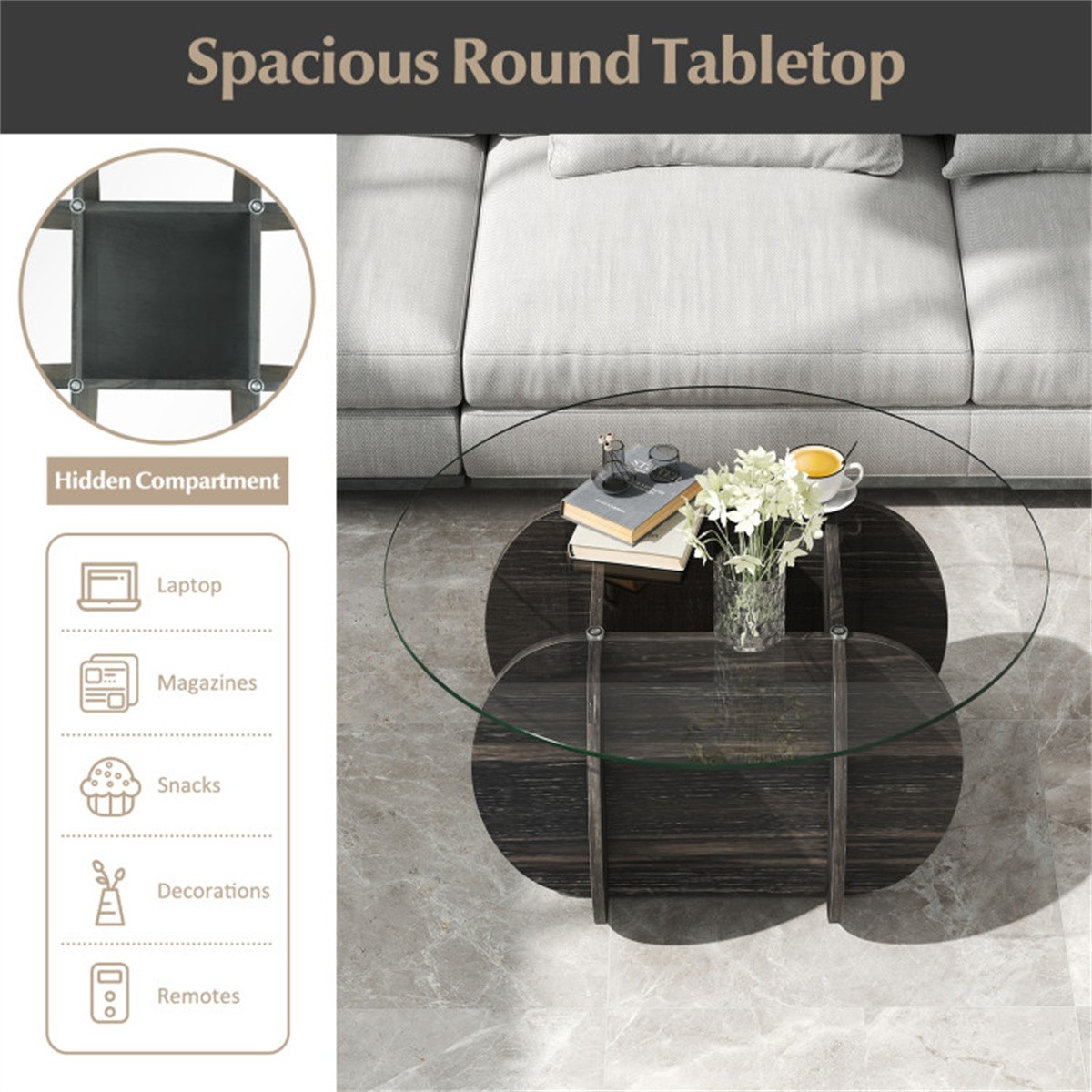 Round Coffee Table Wood Cocktail Table with An 8 mm Thick Tempered Glass Top