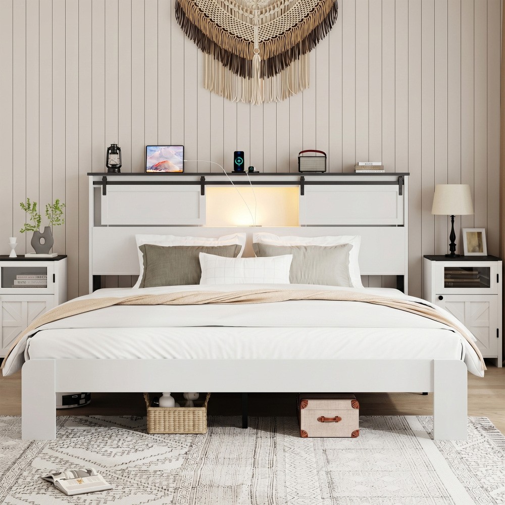 King size bed, metal bed frame with charging station, no need for box spring
