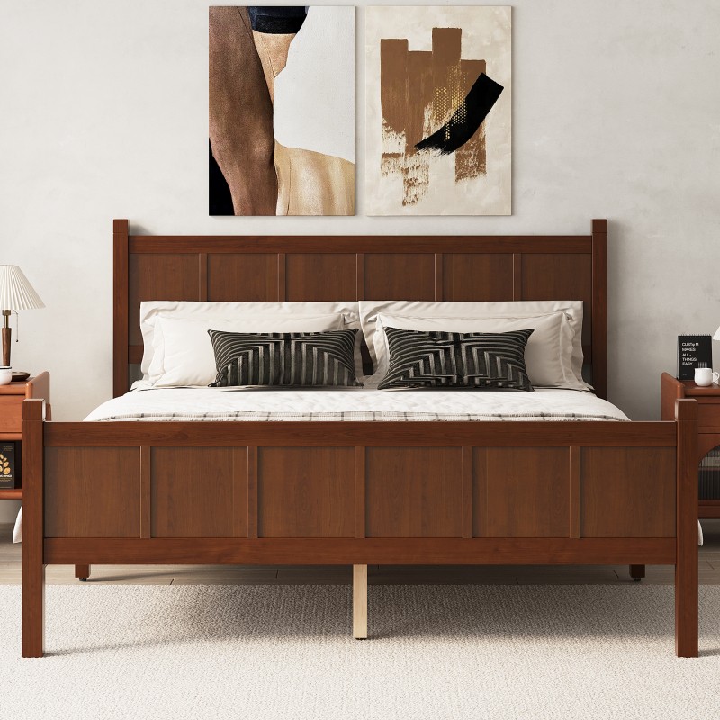 Queen Size Flat Panel Bed w/Headboard Farmhouse Platform Bed Frame Dark Walnut