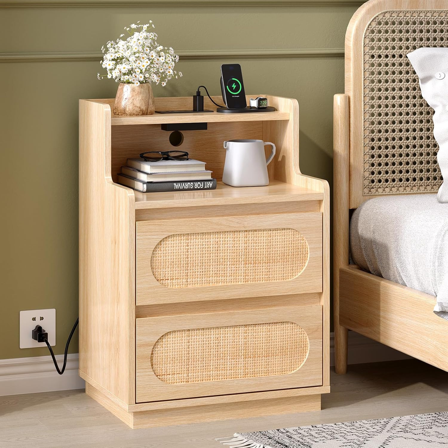 Boho Rattan Nightstand with Charging Station and Storage Drawers, 17.72″ W
