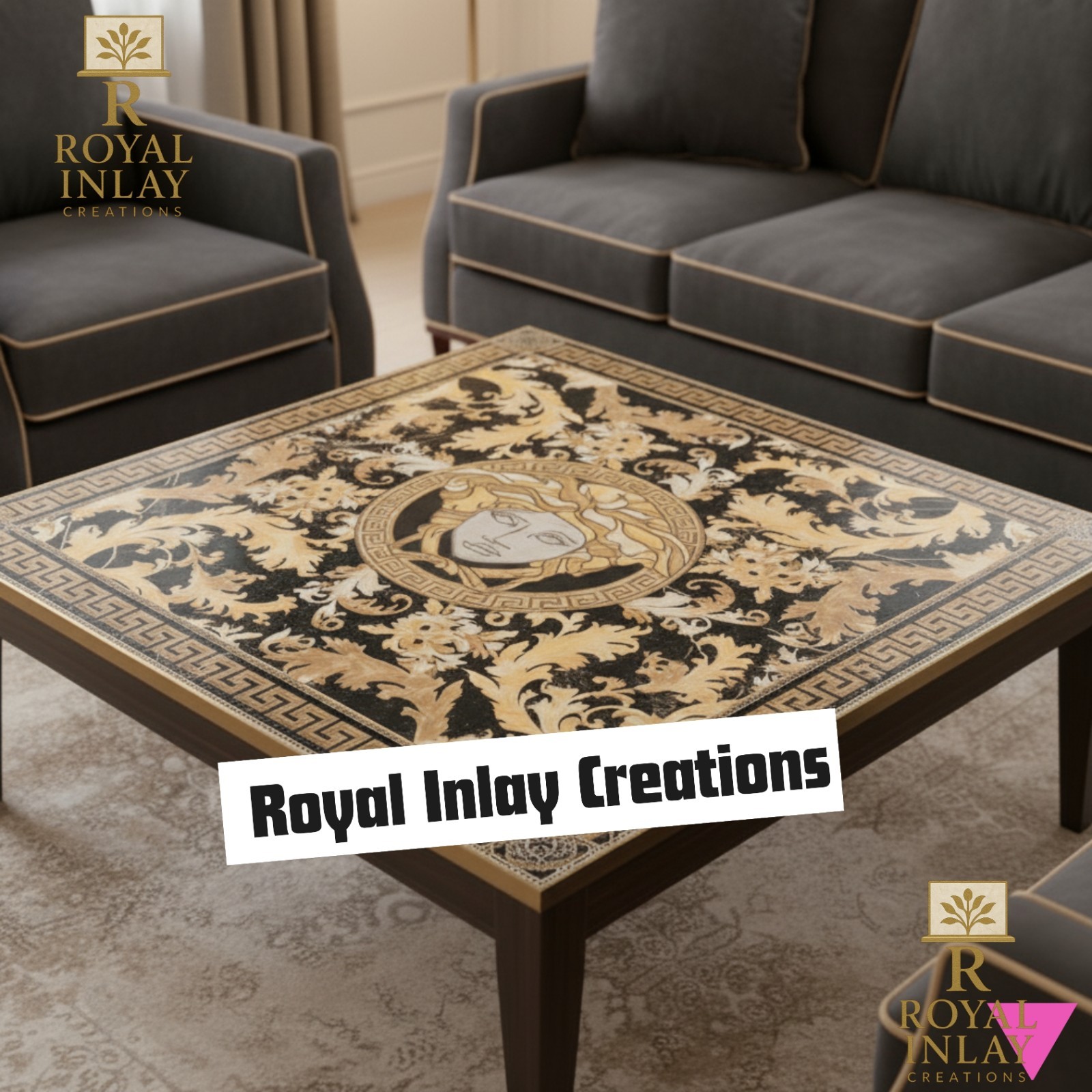 Serene and Opulent Medusa Inlay Square Marble Inlay TableTop