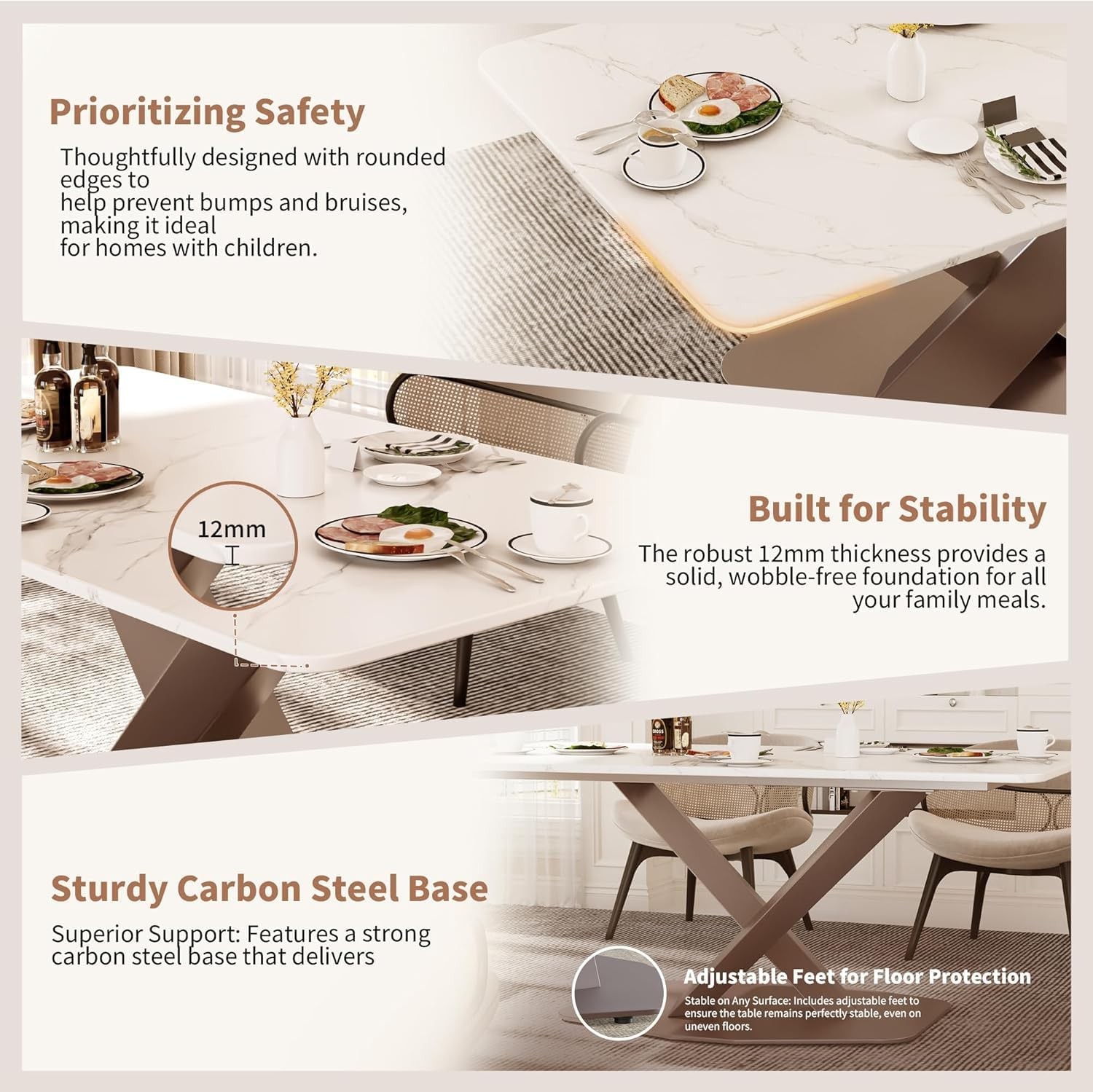 55″ Sintered Stone Dining Table 4‑6 Person White Marble Top Metal Legs No Chair