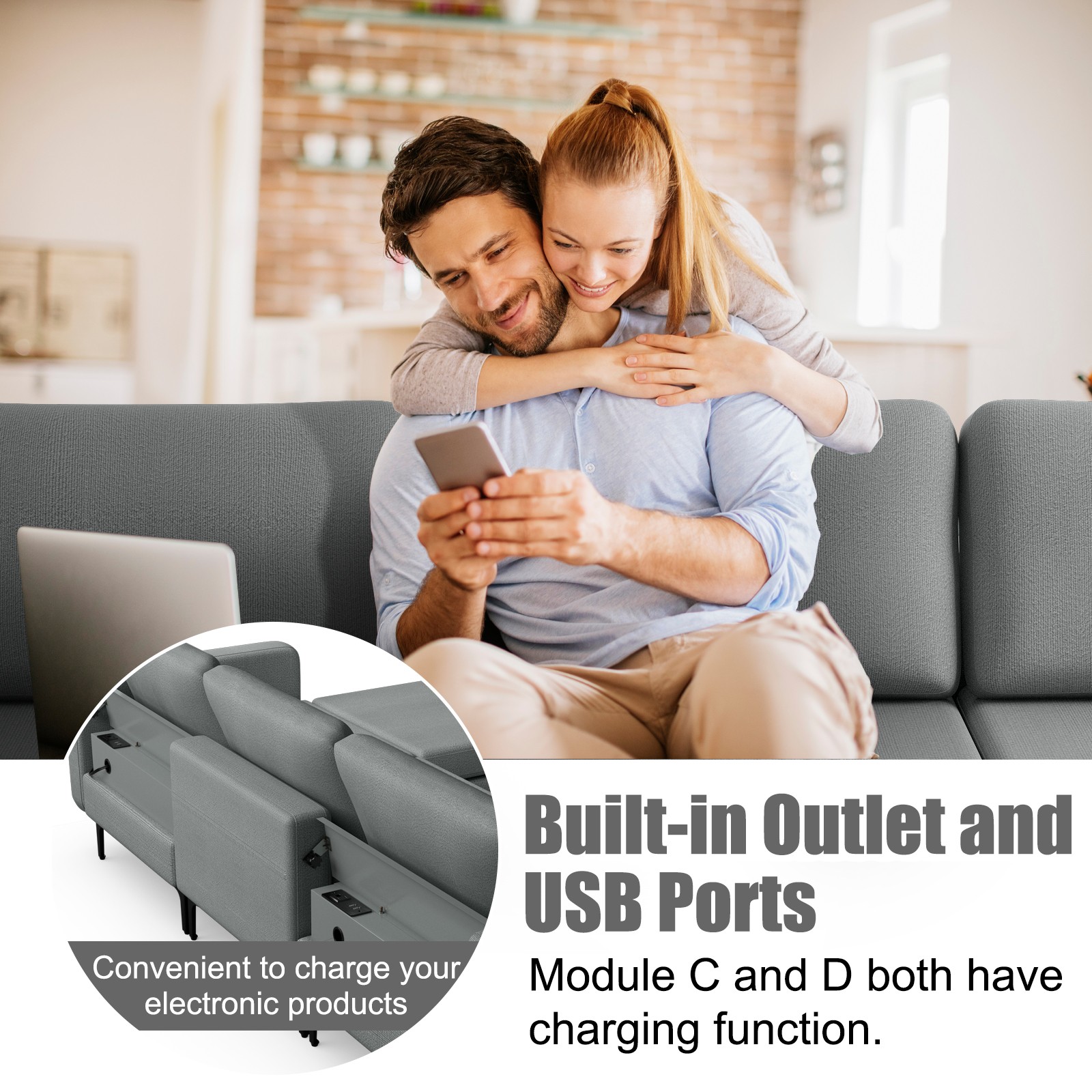 Modular L-shaped Sectional Sofa w/ 4 Seats & Removable Ottoman & 4 USB Ports