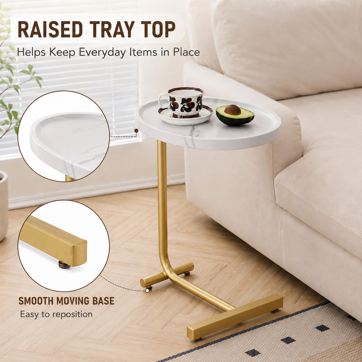 White C Shaped Side Table Oval Couch End Table Slide Under Sofa Bed Living Room